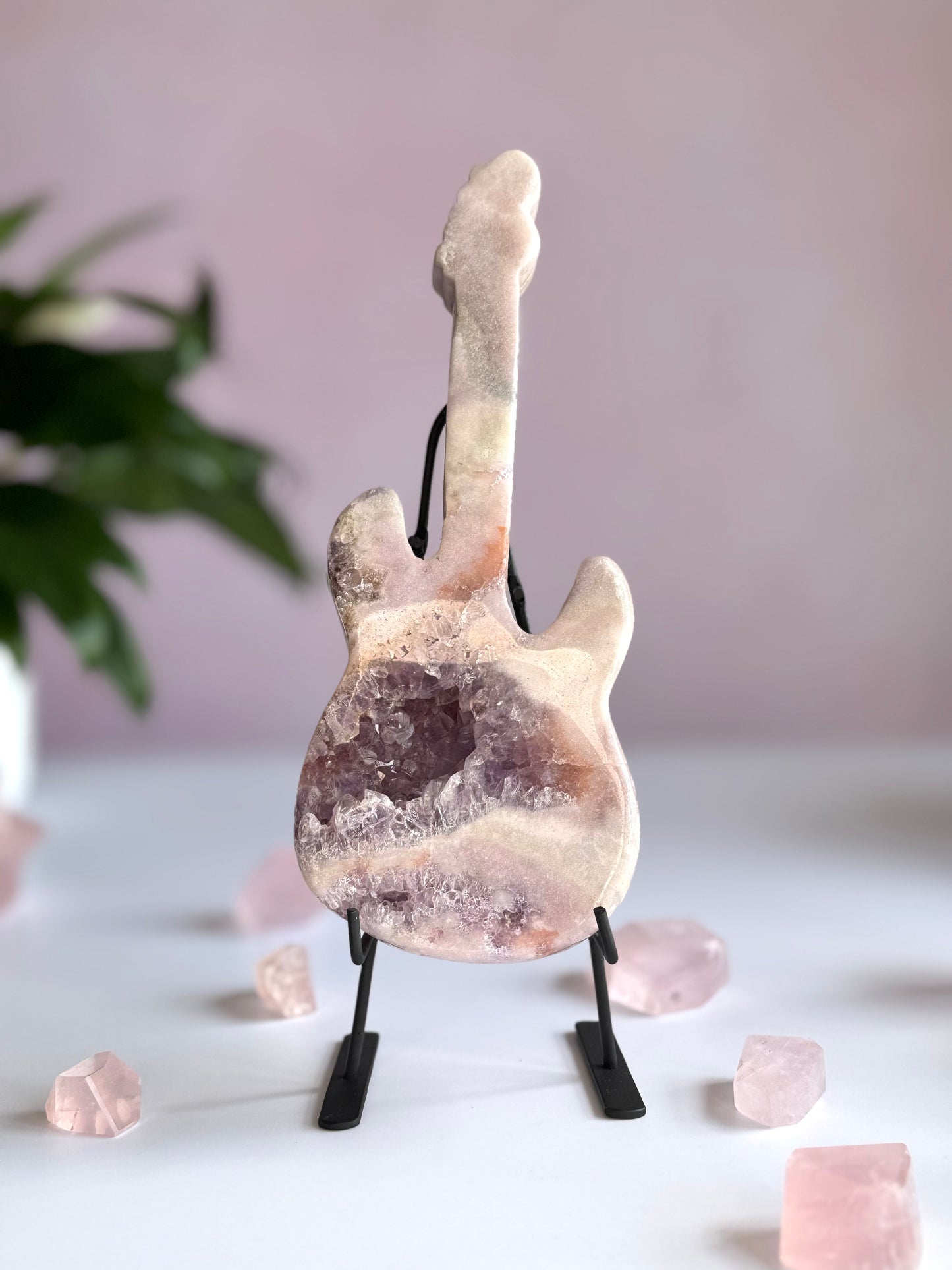 Pink Amethyst Guitar Carving with Stand