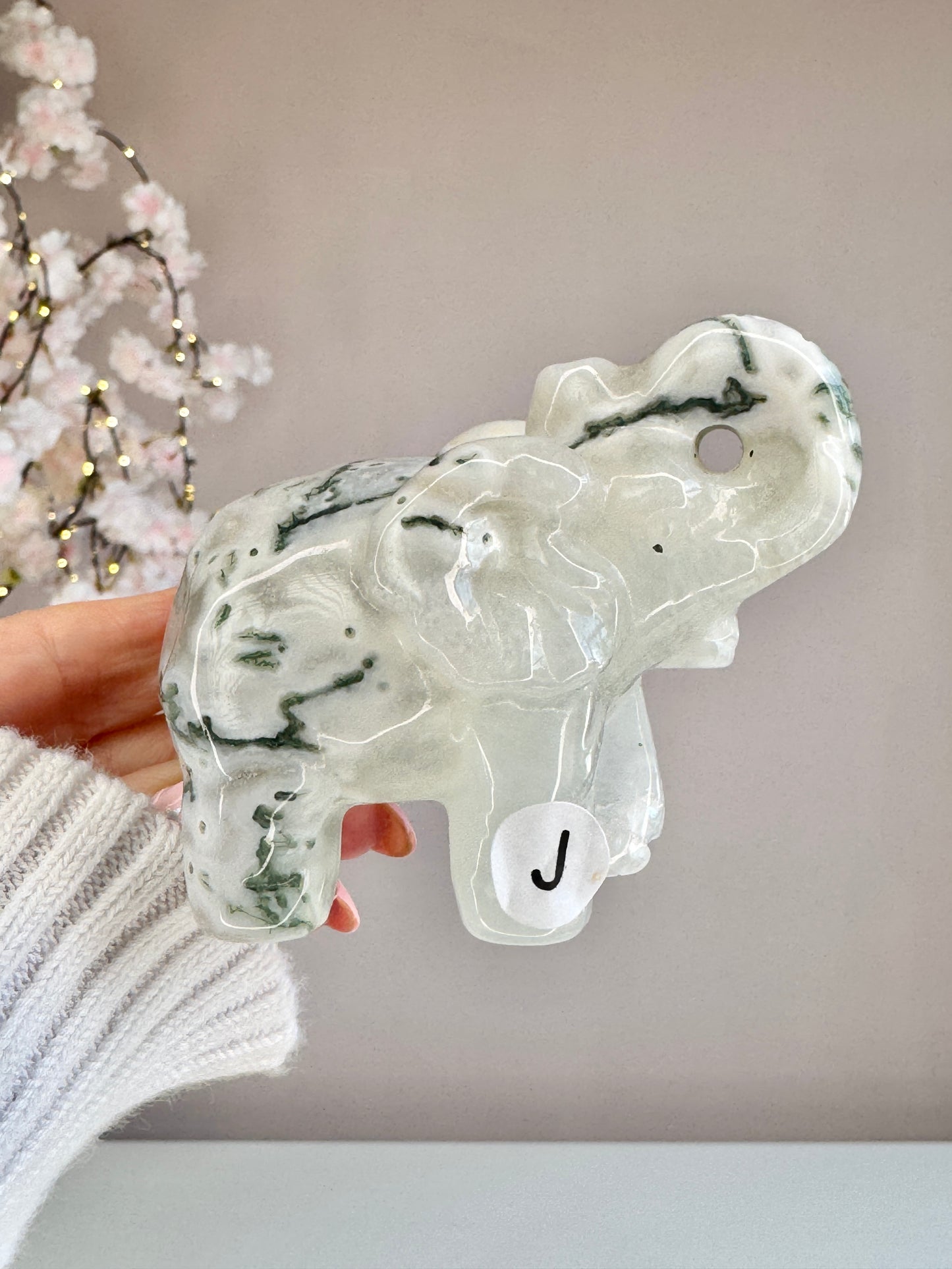 Hand Carved Moss Agate Elephant | Crystal Figurine | Choose Your Piece (A–K)