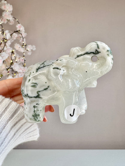 Hand Carved Moss Agate Elephant | Crystal Figurine | Choose Your Piece (A–K)