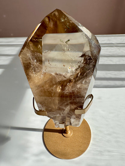 Rare Double Phantom Smoky Quartz Point with Rainbow on Gold Stand
