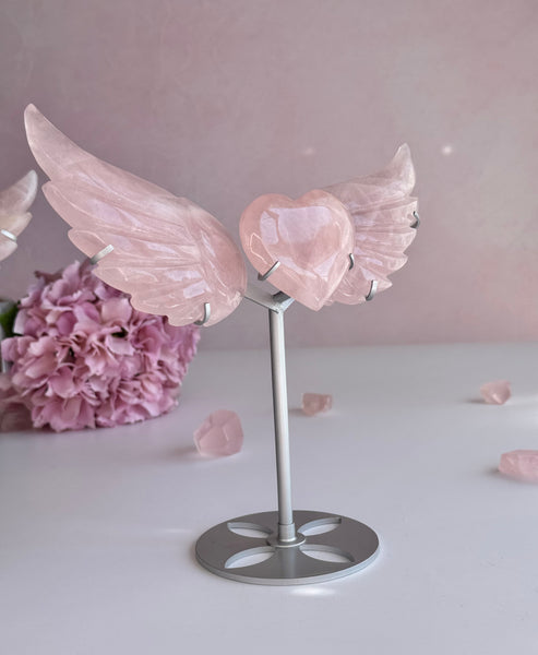Rose Quartz Angel Wings with Heart on Stand