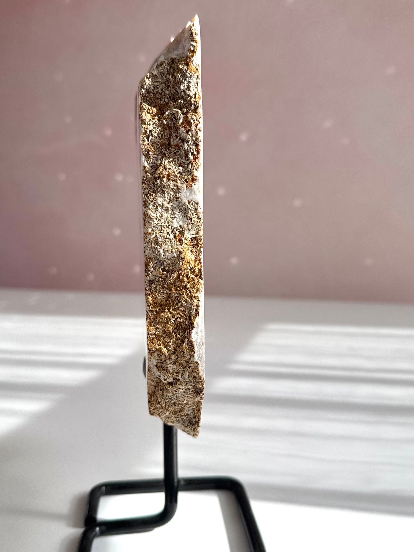 Pink amethyst with druzy on stand statement