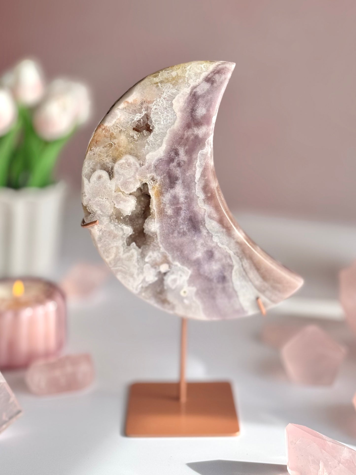 Beautiful Pink Amethyst Moon Carving -A