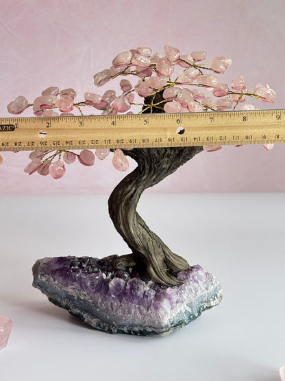 Rose Quartz Bonsai Tree on Amethyst Base