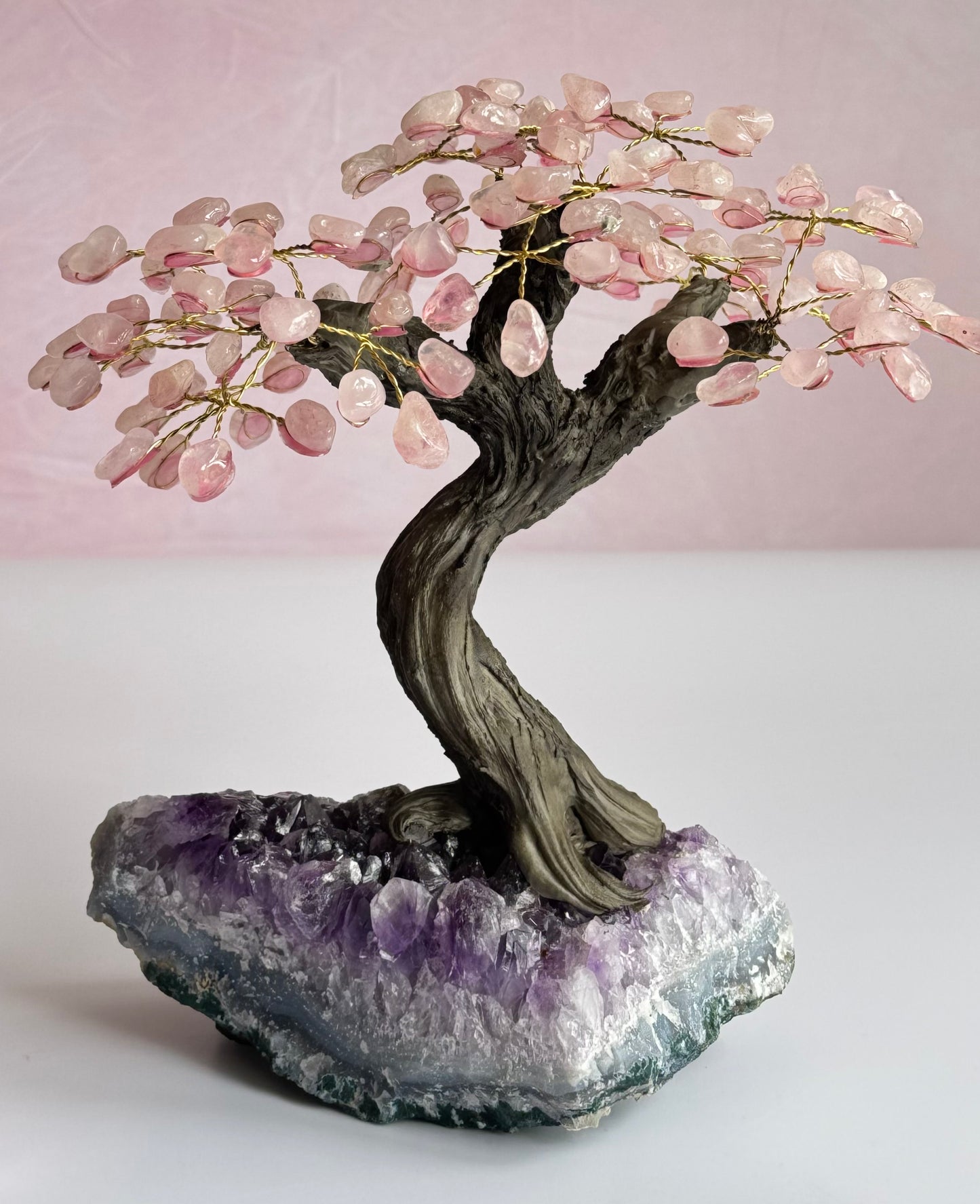 Rose Quartz Bonsai Tree on Amethyst Base