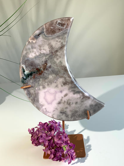 Lavender Pink Amethyst Moon on Stand — Soft, Ethereal Statement Piece