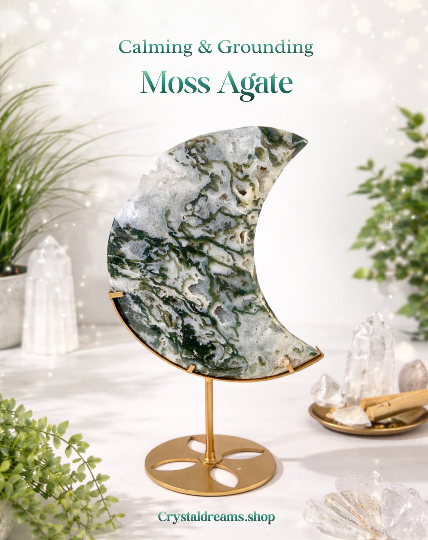 Large Beautiful Moss Agate Moon on Stand | Grounding • Growth • New Beginnings