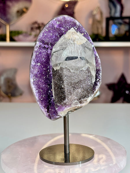 Uruguay Amethyst with Calcite, Black Tourmaline & Hematite Druzy | Custom Stand