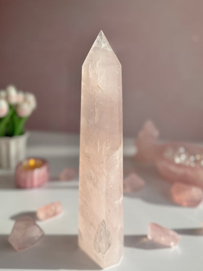 💗 Rose Quartz Tower – 13.5” Tall | 4 lb Statement Piece