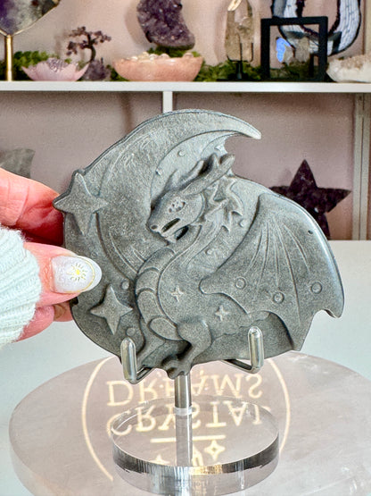 Silver Sheen Obsidian Dragon & Crescent Moon Carving | Celestial Crystal