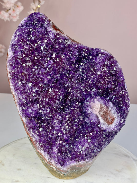 Large Uruguay Amethyst Cut Base – 14.6 lb Deep Purple Statement Crystal with Flower Formations