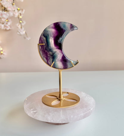 Rainbow Fluorite Moon on Gold Stand-0