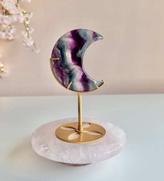 Rainbow Fluorite Moon on Gold Stand-0