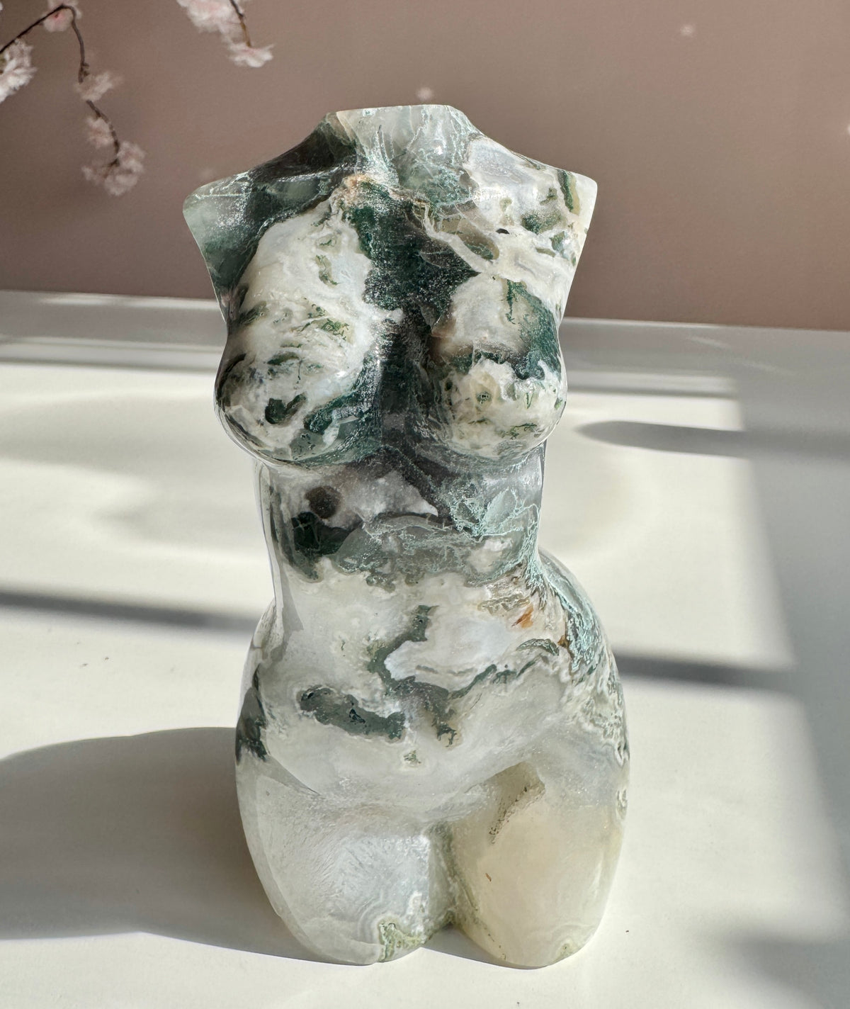 Large  Moss Agate Goddess Body Carving with Druzy | Divine Feminine Crystal Statue