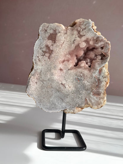 Pink amethyst with druzy on stand statement