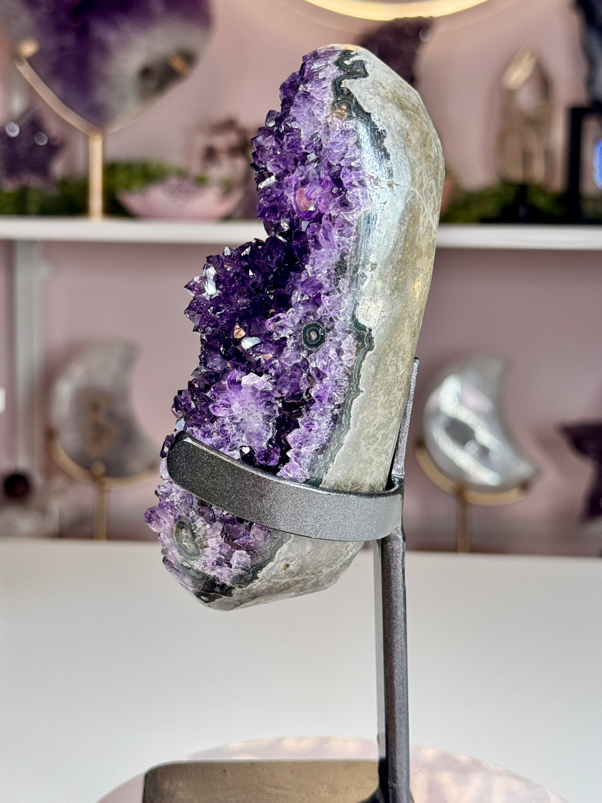 Deep Grape Jelly Uruguay Amethyst Geode with Flower-Like Crystal Formations | Custom Stand