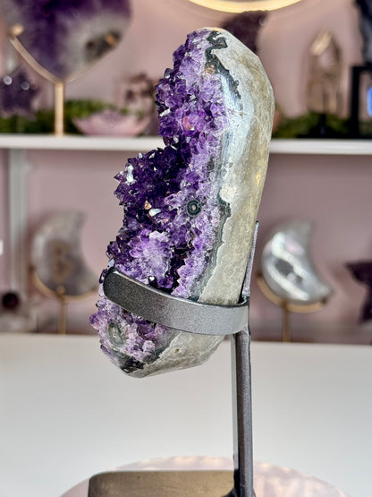 Deep Grape Jelly Uruguay Amethyst Geode with Flower-Like Crystal Formations | Custom Stand