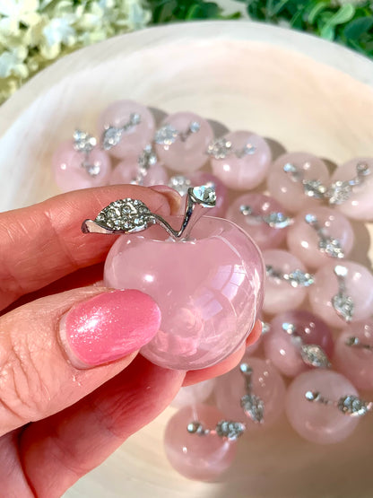 🌸 Rose Quartz Apple Carving with Silver Stem