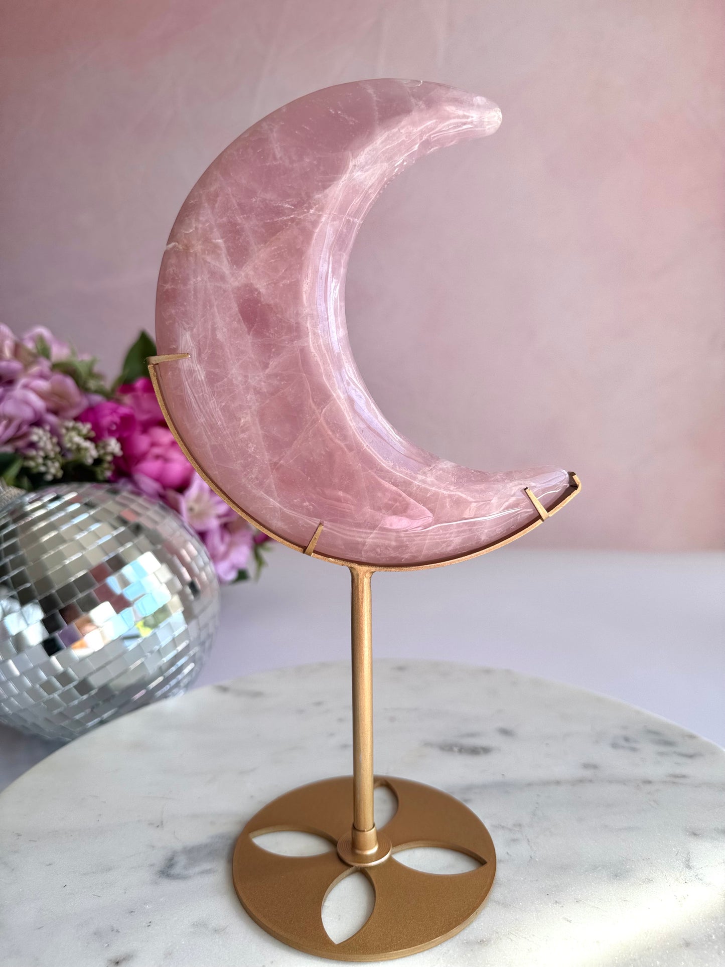 🌙💗 Bubblegum Pink Rose Quartz Moon on Stand-A