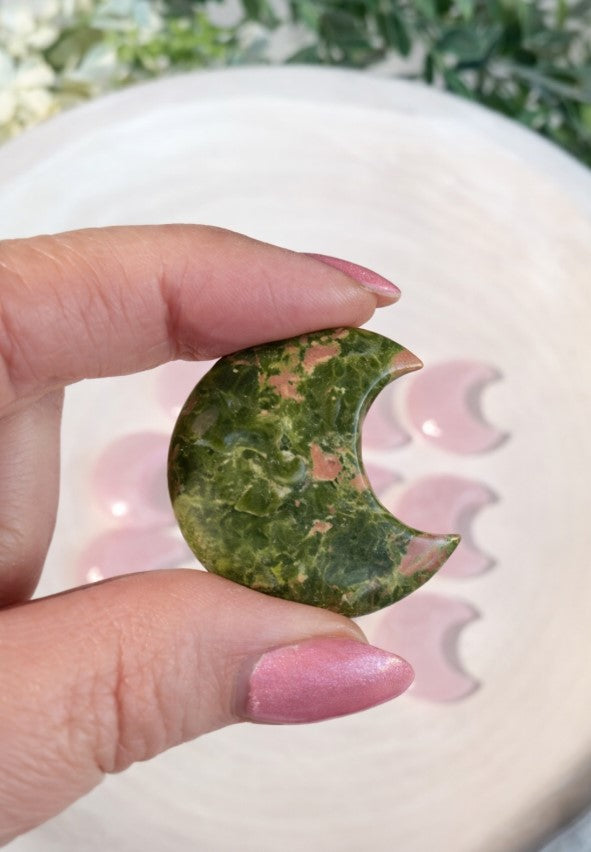 Unakite Moon – Green & Pink Heart Healing Crystal Carving