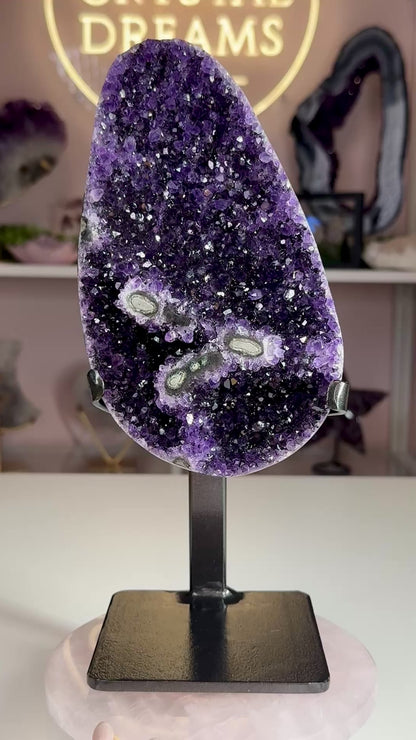 Uruguay Amethyst with Flower Formations on Stand