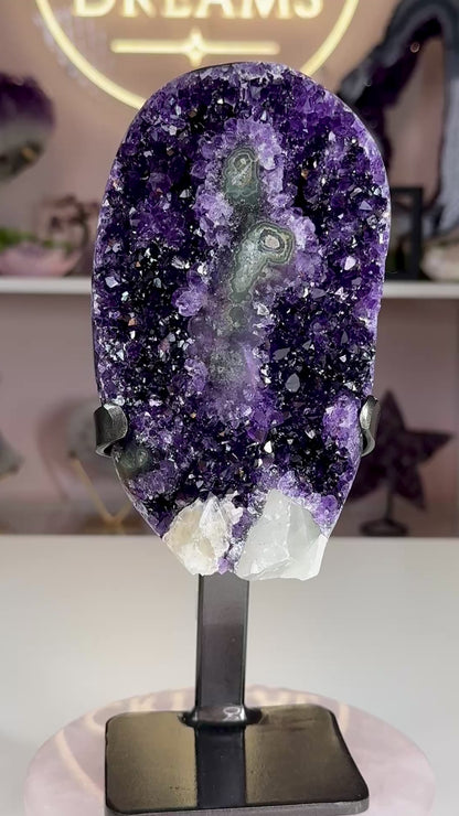 Uruguayan Amethyst with Calcite & Stalactite-Like Formations | Custom Stand
