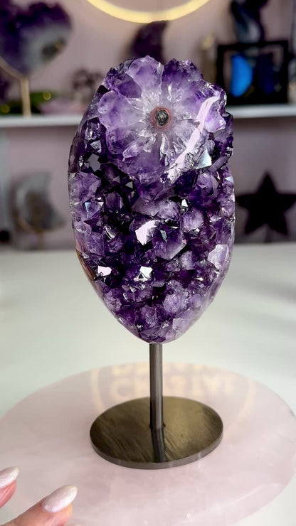 Uruguayan Amethyst Cluster with Stalactite Flower | Deep Purple Amethyst Geode on Stand | Crystal Statement Piece
