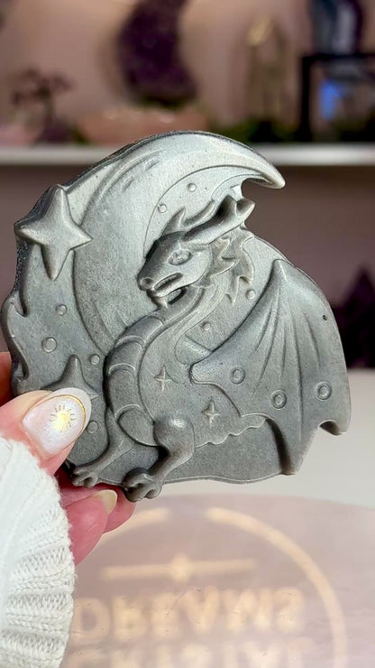 Silver Sheen Obsidian Dragon & Crescent Moon Carving | Celestial Crystal
