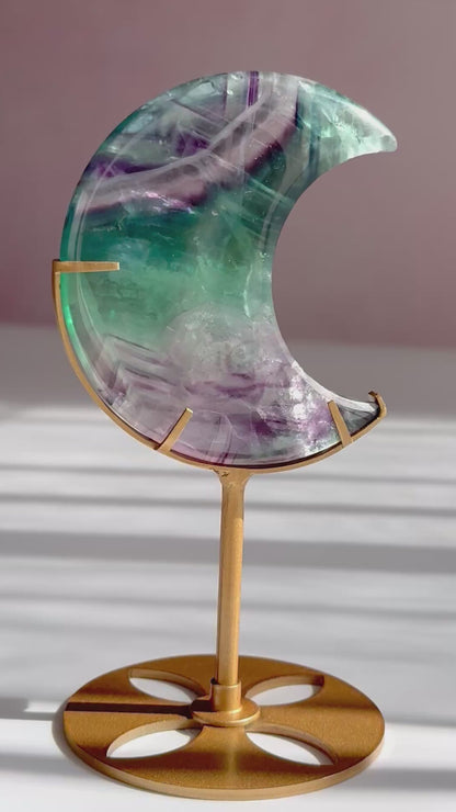 Dreamy Fluorite Moon on Custom Stand | Green & Purple Fluorite Crescent Moon