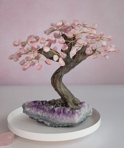 Rose Quartz Bonsai Tree on Amethyst Base