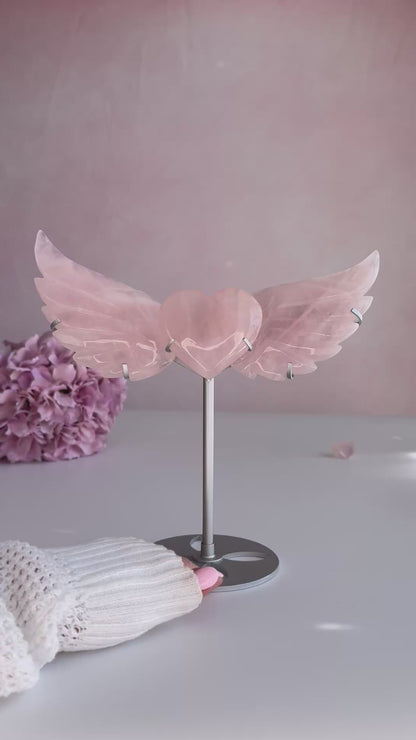 Rose Quartz Angel Wings with Heart on Stand