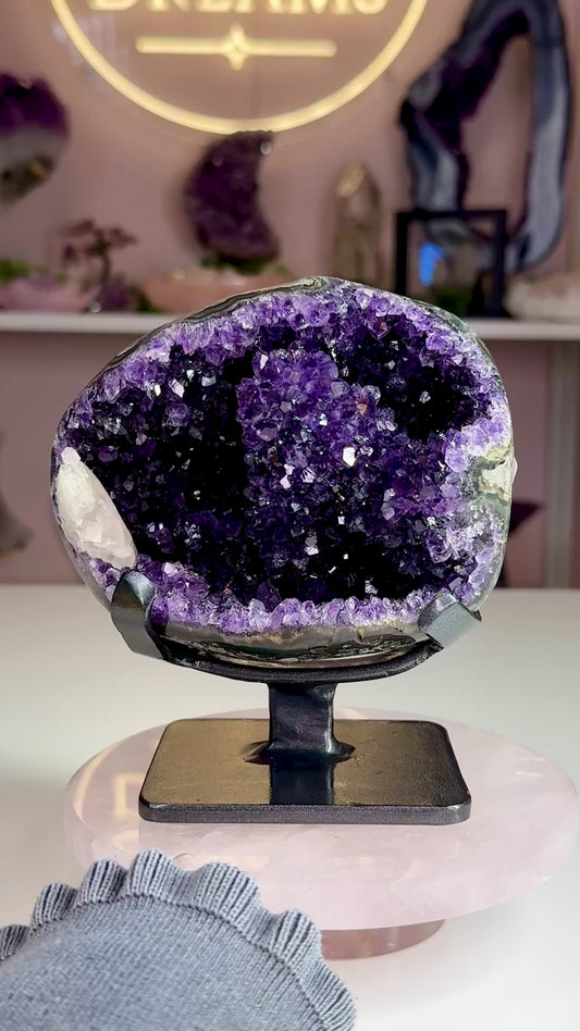 Beautiful Uruguay Amethyst Geode with White Calcite on Custom Stand