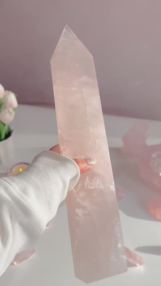 💗 Rose Quartz Tower – 13.5” Tall | 4 lb Statement Piece