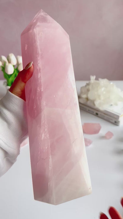 💗 Bubblegum Pink Rose Quartz Tower – 8.1 lb Statement Piece