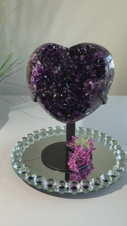 X-Large Grape Jelly Uruguay Amethyst Heart — Deep Purple Statement Piece on Stand