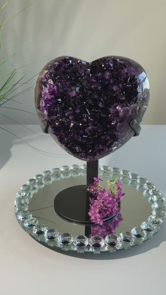 X-Large Grape Jelly Uruguay Amethyst Heart — Deep Purple Statement Piece on Stand