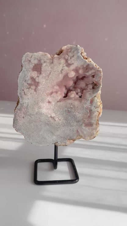 Pink amethyst with druzy on stand statement