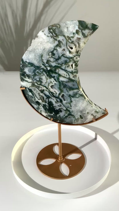 Large Beautiful Moss Agate Moon on Stand | Grounding • Growth • New Beginnings