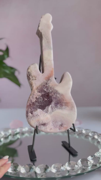 Pink Amethyst Guitar Carving with Stand