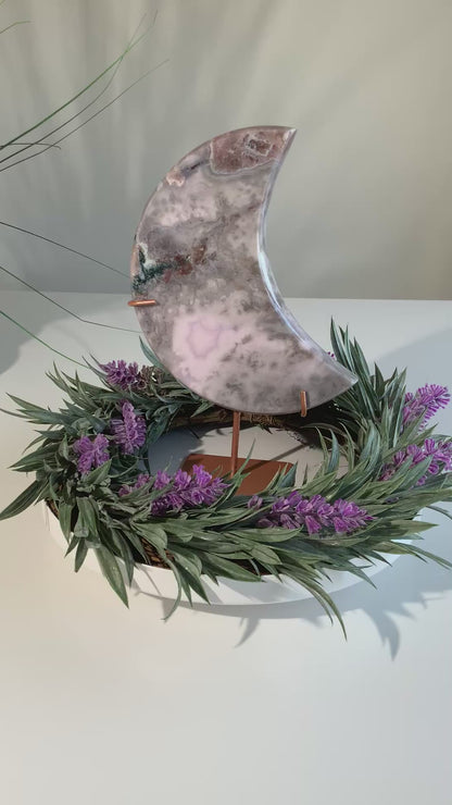 Lavender Pink Amethyst Moon on Stand — Soft, Ethereal Statement Piece