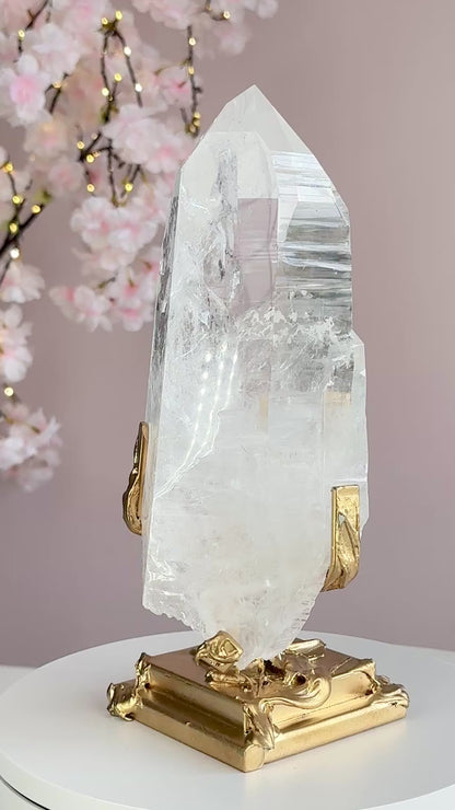 Lemurian Quartz Statement on Sculptural Gold Stand