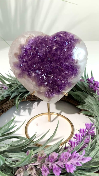 One-of-a-Kind Agate Heart with Amethyst Druzy on Custom Stand