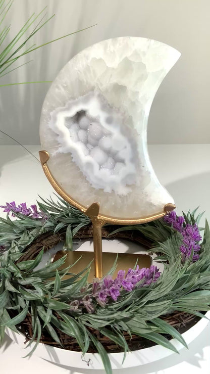 Pale Blue Sugar Druzy Agate Moon on Gold Stand-A
