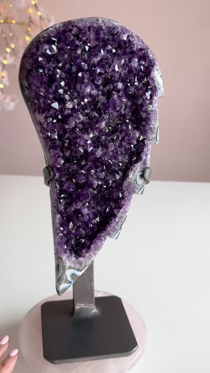 Natural Uruguay Amethyst Angel Wing on Custom Stand | Deep Purple Druzy Statement Crystal | 13" Tall | 6.6 lb